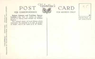Kolumna Nelsona — Plac Trafalgar, Londyn — Valentine's Postcard & Sons, Ltd. — Rewers