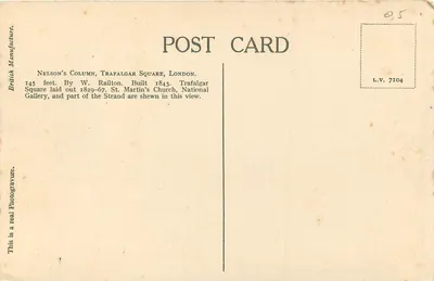 Coluna de Nelson, Trafalgar Square, Londres — Fabricação Britânica, L.V. 7104 — Verso