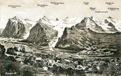 Grindelwald — Vista das Alpes suíças com os picos do Wetterhorn, Schreckhorn, Finsteraarhorn, Eiger, Mönch, Jungfrau e Jungfraubahn — editor Walter Schild, Interlaken