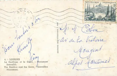 Lourdes — Bazylika i rzeka Gave — Wydawnictwo Midi-Pyrénées, Pau — Rewers