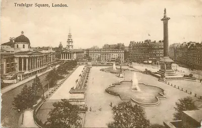 Trafalgar Square, Londres. — Vista panorâmica com o Monumento Nelson e a fonte — editor não visível, número de série não legível