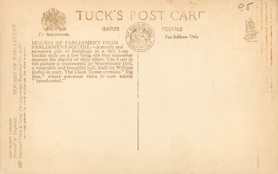 Chambers Parlamentu widziane z Placu Parlamentu — Tuck's Postcard No. 2168 — Rewers