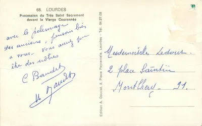 Lourdes — Procesja Najświętszego Sakramentu przed Statuą Niepokalanego Panny Maryi — Wydawnictwo A. Doucet — Rewers