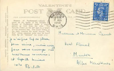 Houses of Parliament, London — view from the Thames — Valentine's Postcard, Photo Brown & Sons, Ltd., n° 98998 — Back