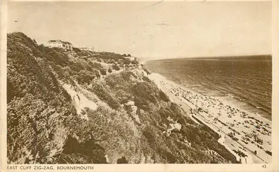 East Cliff Zig-Zag, Bournemouth — vista da praia e das falésias — série 'Sunny South' publicada por Dearden and Wade, n°43