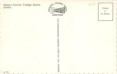 Coluna de Nelson, Praça de Trafalgar — Londres — The Photographic Greeting Card Co. Ltd. n° L 173 — Verso