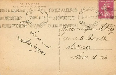 Lourdes — A basílica e a gruta — Edição E. Quinault, n°84 — Verso
