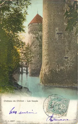 Bilhete postal antigo Castelo de Chillon as fossas