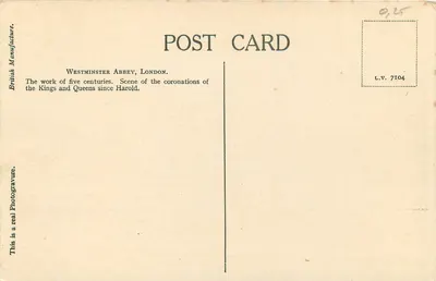 Westminster Abbey, Londyn — widok fasady i dzwonnicy — British Manufacture, L.V. 7104 — Rewers