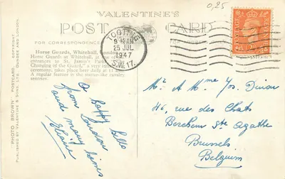 Strażnicy konni, Whitehall, Londyn — Karta pocztowa Walentynki, nr 64226, wydana przez Valentine's Postcard, Ltd. — Rewers