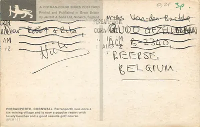 Perranporth, Cornualha — vila mineradora transformada em estação balnear — série Cotman-Color, editor Jarrold & Sons Ltd, n° KPER 117 — Verso