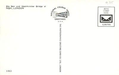 Big Ben i Most Westminstera w nocy — seria Natural Colour — The Photographic Greeting Card Co. Ltd., Londyn, nr 1363 — Rewers