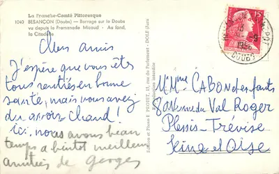 Franche-Comté Pittoresque — Przezroczysty most na Doubs widziany z Promenady Micaud — W tle, twierdza — Wydawnictwo i fotografia E. PROTET, Dole (Jura) — Rewers