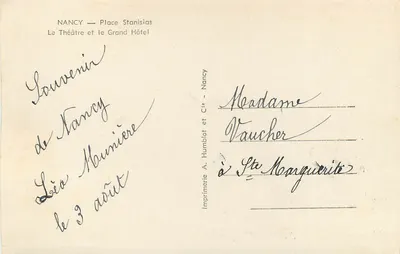 Nancy — Plac Stanisława — Teatr i Wielki Hotel — Drukarnia A. Humblot i Cie — Rewers