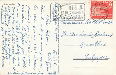 Brienzersee — vue lacustre avec route et montagnes enneigées — Freilichtspiele Interlaken — Rewers