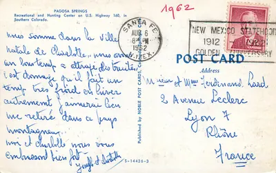 Pagosa Springs — Centro Recreativo e de Caça na Rodovia Interestadual 160, Colorado do Sul — Publicado por Noble Post Cards, S-14426-3 — Verso