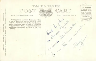Zachodnie wieże, Abbey of Westminster, Londyn — Valentine's Postcard n°209359 — Rewers