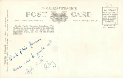 Hyde Park Corner, Londyn — widok z Arcem Wellingtona — kartka pocztowa Valentine's n°209379 — Rewers