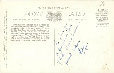 Dom Parlamentu i Most Westminsterski, Londyn — Karta pocztowa Valentine's, G5708R — Rewers