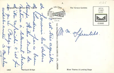 Richmond — Terrace Gardens e River Thames — The Photographic Greeting Card Co. Ltd., Londres — Verso
