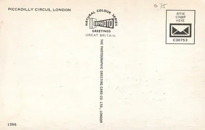 Piccadilly Circus, Londyn — animowany widok z autobusami czerwonymi i wywieszkami — The Photographic Greeting Card Co. Ltd., Londyn, nr 1396 — Rewers