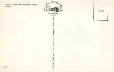 Trafalgar Square i National Gallery — Londyn — seria Natural Colour, The Photographic Greeting Card Co. Ltd. — Rewers