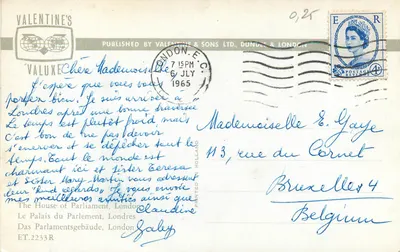 Pałac Parlamentu w Londynie — widok z rzeki z łodzią — wydawca Valentine's, nr ET.2233R — Rewers