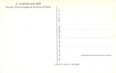 Cagnes-sur-Mer — Rue du Vieux-Cagnes en de Poort Saint-Roch — Ed. S.I.C.A., Av. Saint-Lambert, Nice — Achterkant