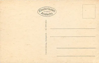 Kloster Andechs — widok klasztoru przez drzewa — Klosterladen Andechs — Rewers