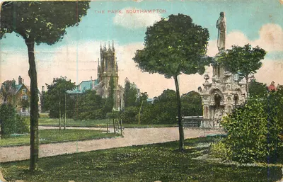 O parque de Southampton — vista com estátua e igreja — editor não identificado