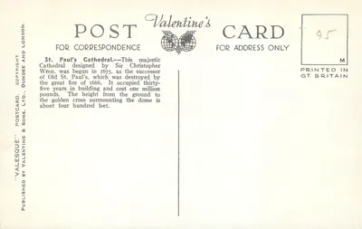 Katedra Świętego Pawła, Londyn — kartka z okazji Dnia Wszystkich Świętych, wydana przez Valentine & Sons, Ltd. — Rewers