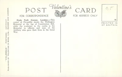 Hyde Park Corner, Londres — vista do Memorial de Wellington e do monumento às Artilharias — Valentine's Postcard & Sons, Ltd. — Verso