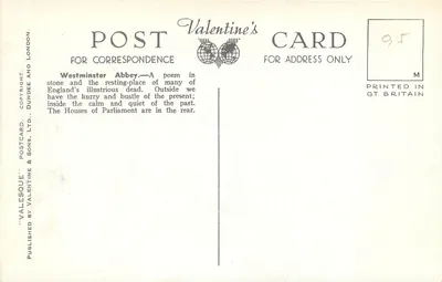 West Towers, Westminster Abbey, London — Karta pocztowa Valentine's, seria H.6047 — Rewers