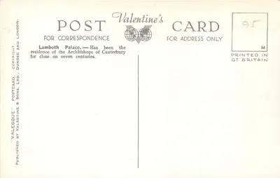 Pałac Lambeth, Londyn — widok pałacu i rzeki — Stara pocztówka Valentine's, n° 9162 — Rewers