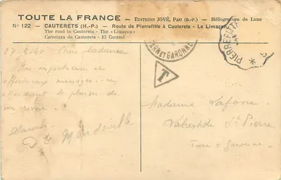 Rodovia de Pierrefitte a Cauterets — O Limaçon — Edições Jové, Pau (B.P.) — Verso