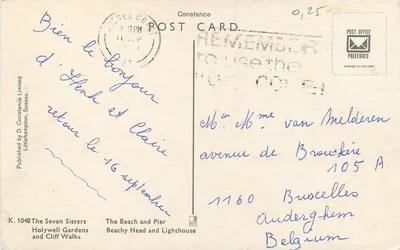 Eastbourne — Les Sept Sœurs, Holywell Gardens, Beachy Head e farol — Published by D. Constance Limited — Verso