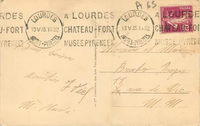 Lourdes — Bazylika i Pireneje — Wydawca: Muzeum Sztuki Fenomenalnej, n° 212 — Rewers