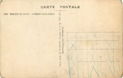 Igreja de Saint-Aspais — Melun (S.-et-M.) — Editor E. Mignon, n° 1029 — Verso