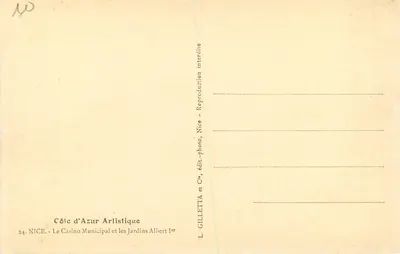 Nice — Kasyno Miejskie i Ogrody Albert I — L. Gilletta, Côte d'Azur Artistique, n°24 — Rewers