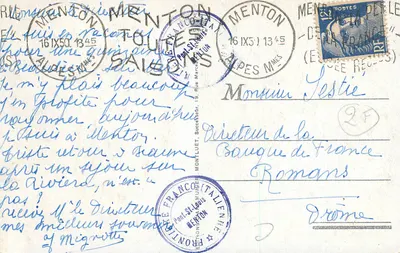 Menton — Granica włoska — Most Saint-Louis — wydawca Marniet, nr 2 — Rewers