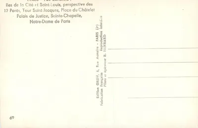 Paris - Vista aérea - Ilhas da Cidade e Saint-Louis, perspectiva dos 12 Pontes, Torre Saint-Jacques, Praça do Châtelet, Palácio da Justiça, Sainte-Chapelle, Notre-Dame de Paris — Edição Greff — Verso