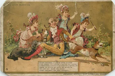 No Bon Marché — Cadet Roussel e seus três cães — Litografia artística J. Minot, editor, 6 rue Heranger
