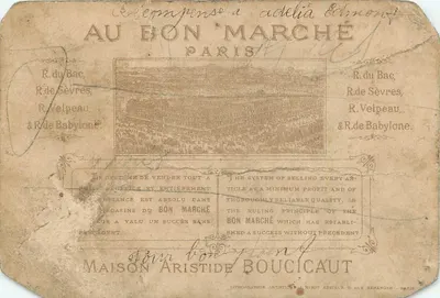 No Bon Marché — Cadet Roussel e seus três cães — Litografia artística J. Minot, editor, 6 rue Heranger — Verso