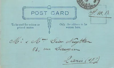 Carta postal azul — texto impresso e manuscrito — editor desconhecido
