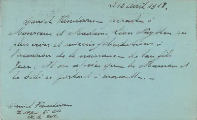 Carta postal azul — texto impresso e manuscrito — editor desconhecido — Verso