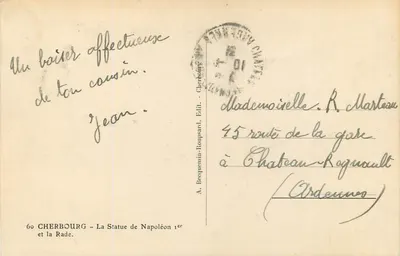 Cherbourg — La Estatua de Napoleón I y la Bahía — A. Becquemin-Roupsard, Ed. — Reverso