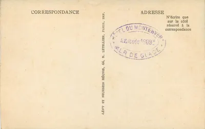 Chamonix-Mont-Blanc — Widok na Morze Lodowe i Wielki Charmoz — Wydawca: Lévy et Neurdein Réunis, Paryż, nr 325 — Rewers