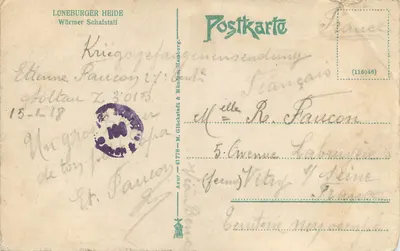 Loneburger Heide — Wörmer Schafstall (écurie à toit de chaume) — éditeur : Postkarte — Verso