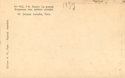 A grande banhista com as pernas cruzadas — P.A. Renoir — Edição Jacques Laroche, Paris, n° 402 — Verso