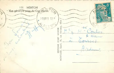 Vue générale prise du Cap Martin — Menton — Éditions d'Art Munier, n°121 — Verso